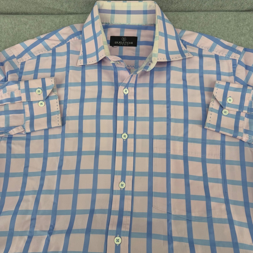 Bugatchi Uomo Mens Large Pink Blue Windowpane Check Cotton Button Down Shirt L